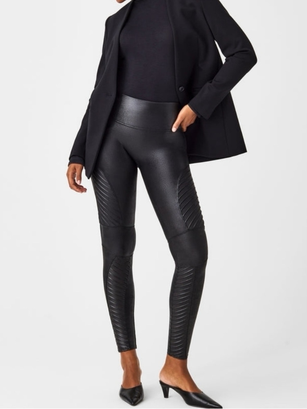 SPANX Black Faux-Leather Moto Leggings, size M